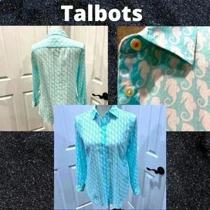 Talbots Petite Sea horse print button front shirt seaside vacation beach